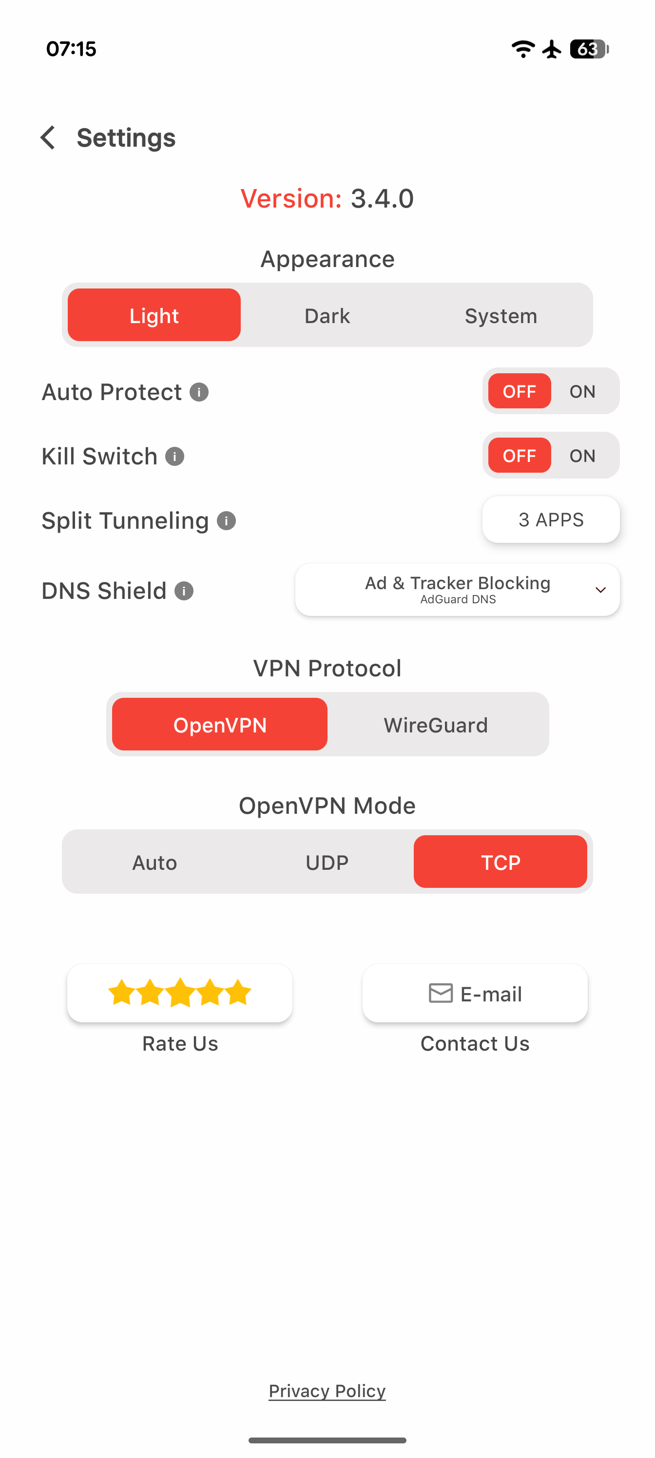 Savage VPN settings showing DNS Shield and VPN protocol controls
